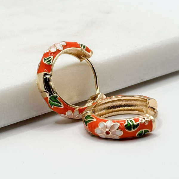 Floral Hoop Earrings – Elegant 18K Gold Plated, Nickel-Free, Hand-Painted Jewelry