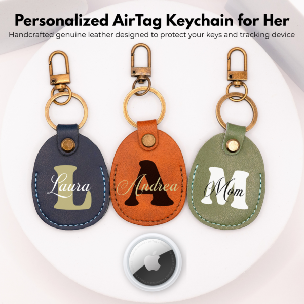 Personalized AirTag Keychain – Custom Leather Apple Tag Holder Gift for Her - Image 2